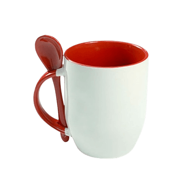 TAZA BLANCA CON INTERIOR, CUCHARA Y ASA DE COLOR ROJO 