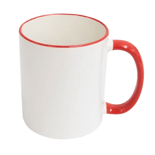 TAZA BLANCA CON BORDE Y ASA DE COLOR ROJO